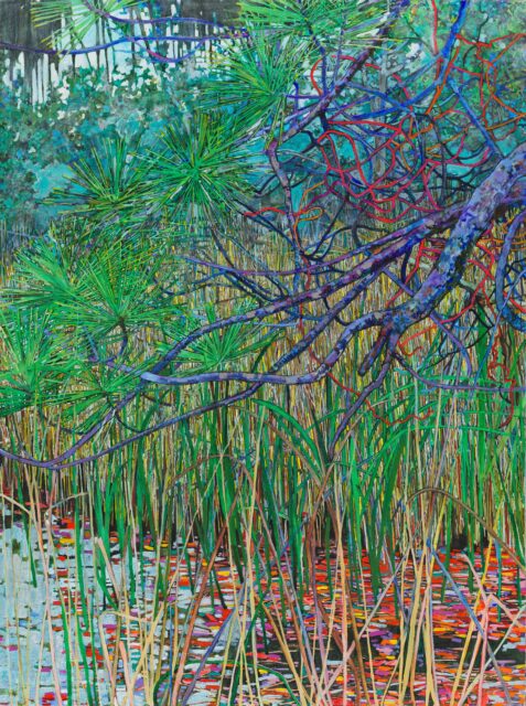 A landscape painting of trees and plants growing by a body of water.