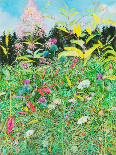 A landscape painting of colorful flowers and plants.