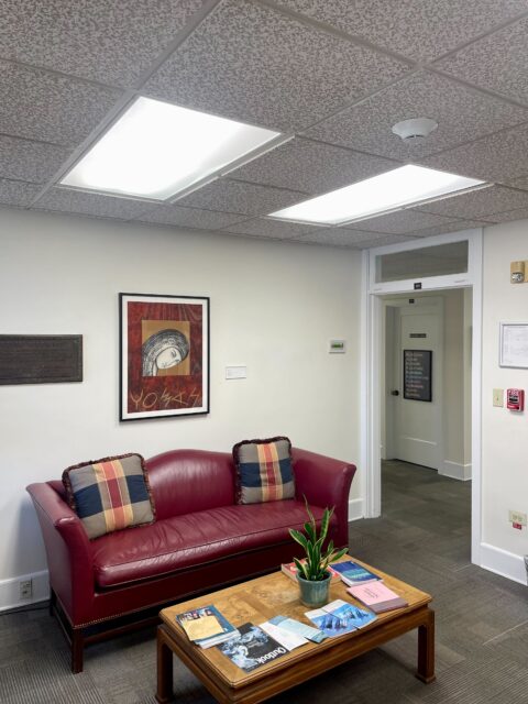 Image of a red couch with two plaid pillow and a coffee table with books and a plant on top. A lithograph is hung above the couch in the same color red with the image of a face. The room opens into a hallway with posters on the walls.