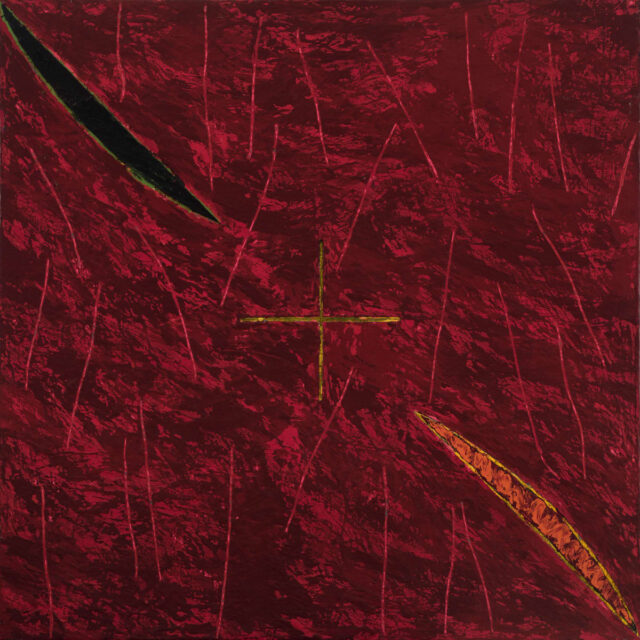 Large red canvas with two slits in the paint, one revealing a black undercolor and the other revealing an orange undercolor. A small cross or plus sign sits in the middle